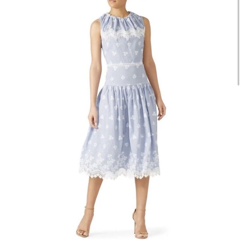 Monique Lhuillier Blue Sleeveless Embroidered Lace Poplin Midi Dress Size 14 - Picture 1 of 16